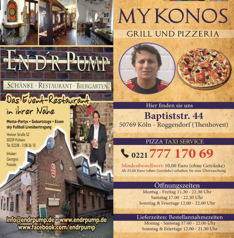 Werbeplakat vom Restaurant En d'r Pump in Pulheim und Grillimbiss Mykonos in Köln Roggendorf